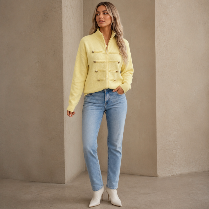 Mayfield – Gold Button Military-Style Knit Cardigan