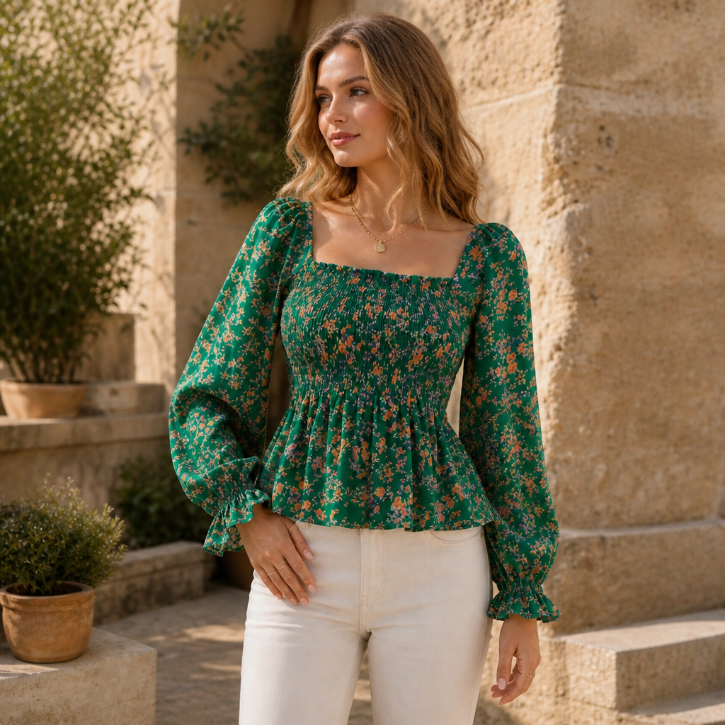 Fiora – Floral Smocked Square-Neck Blouse