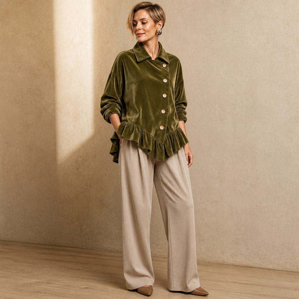Velvetta – Asymmetric Button Cowl-Neck Peplum Top