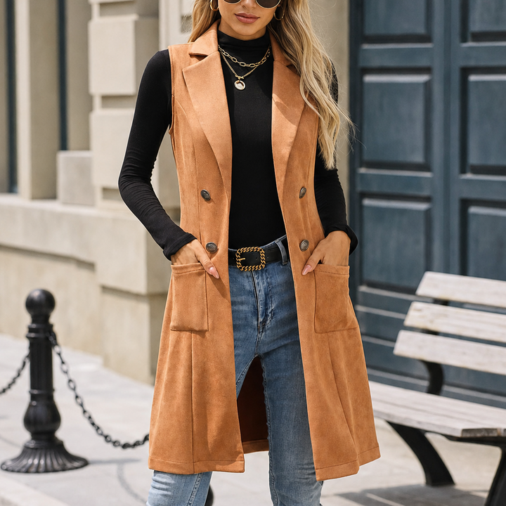 Veluna – Long Double-Breasted Suede-Look Vest
