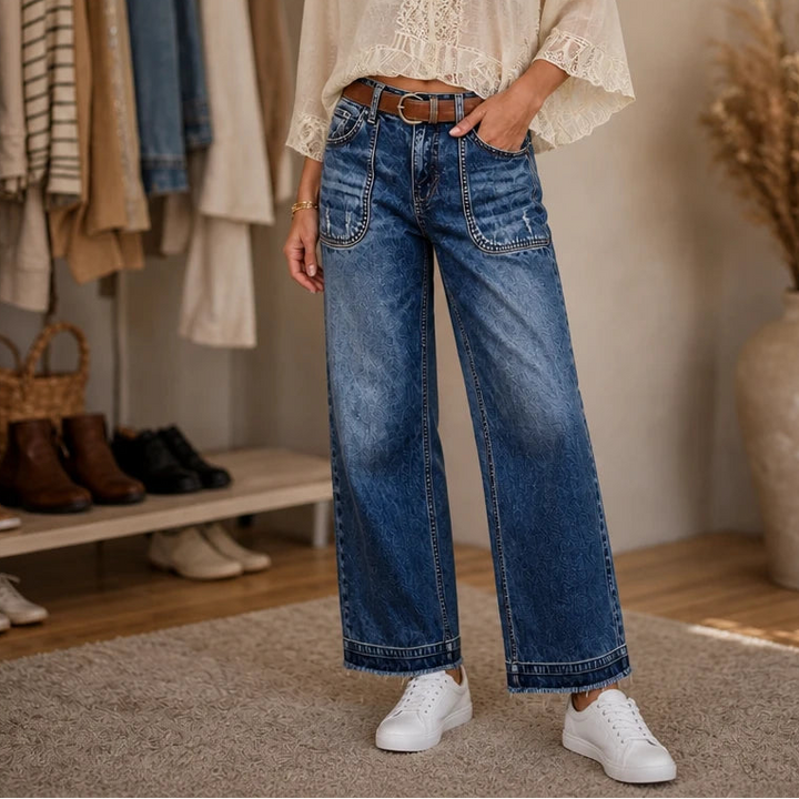 Vintara – Patch Pocket Distressed Straight-Leg Jeans