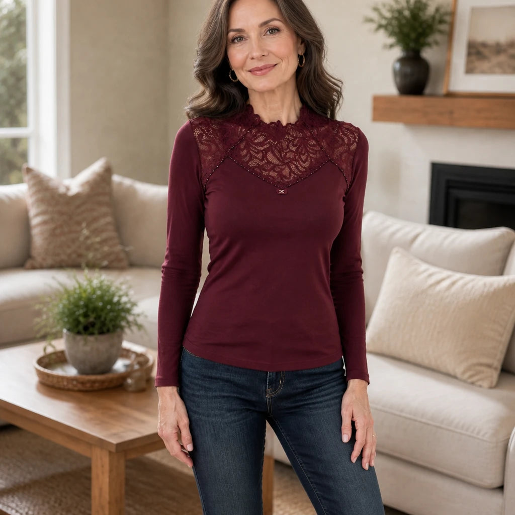 Lunelle – Scalloped Lace Rhinestone Knit Top