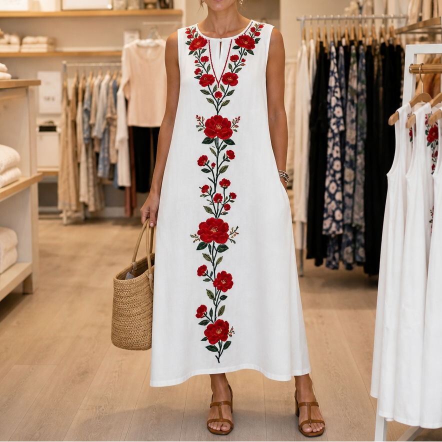 Lineluxe – Red Embroidered Sleeveless Maxi Dress