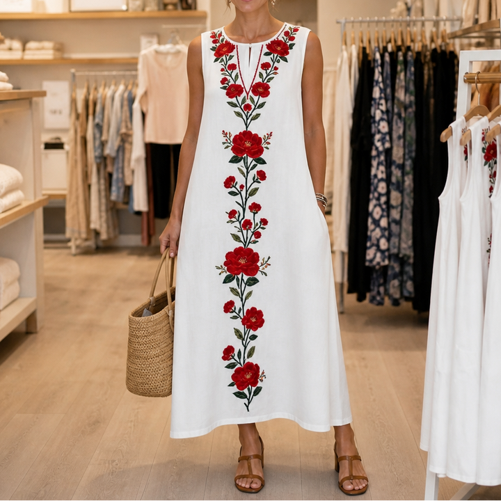Lineluxe – Red Embroidered Sleeveless Maxi Dress