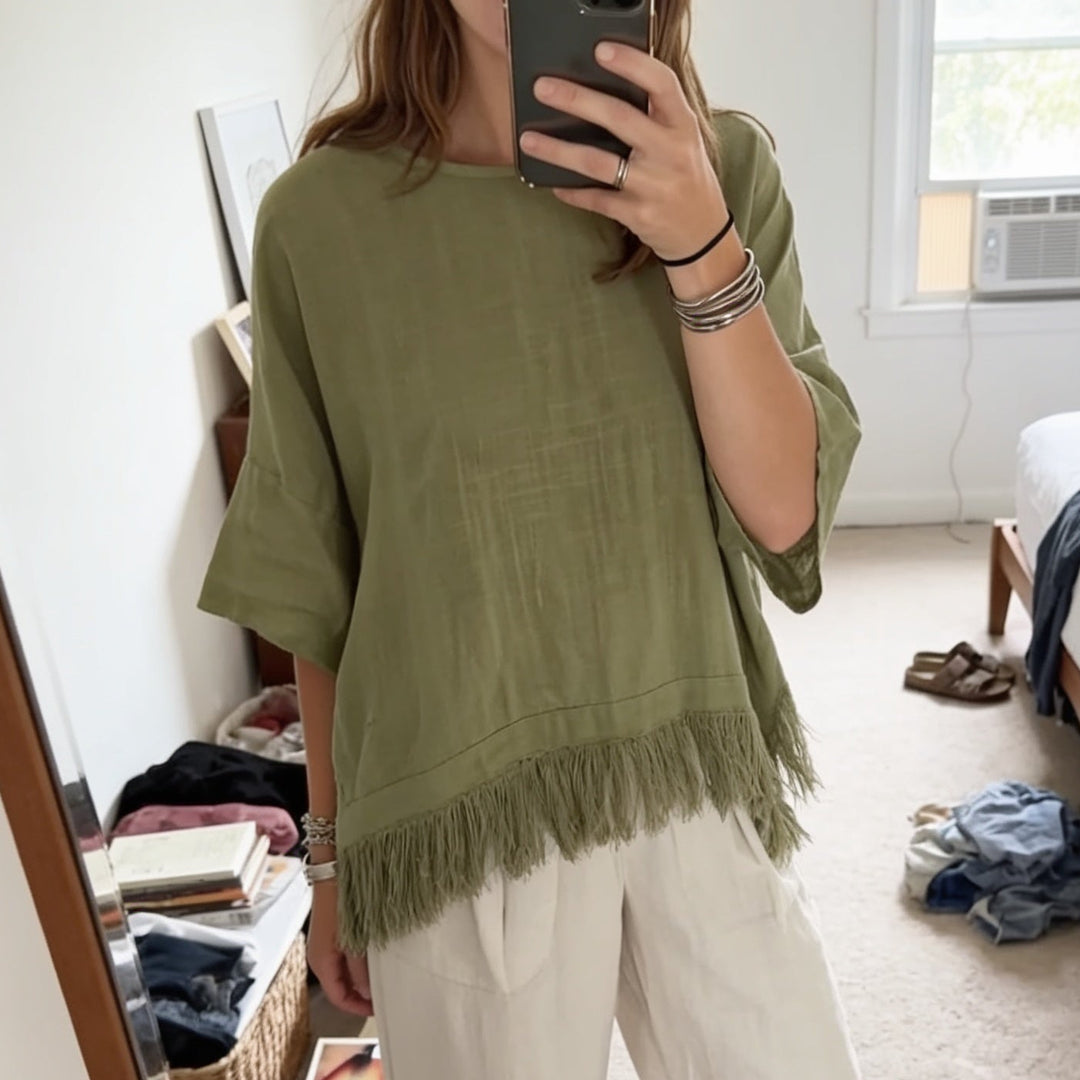 Wovelle – Fringed Hem Boxy Drop-Shoulder Blouse