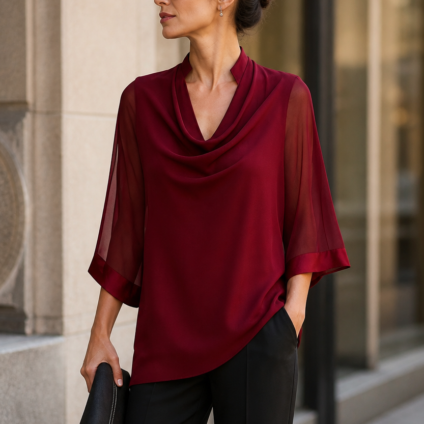Cowlora – Cowl Neck Sheer Sleeve Asymmetrical Blouse