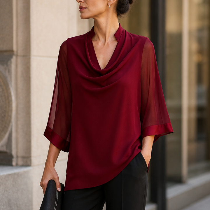 Cowlora – Cowl Neck Sheer Sleeve Asymmetrical Blouse