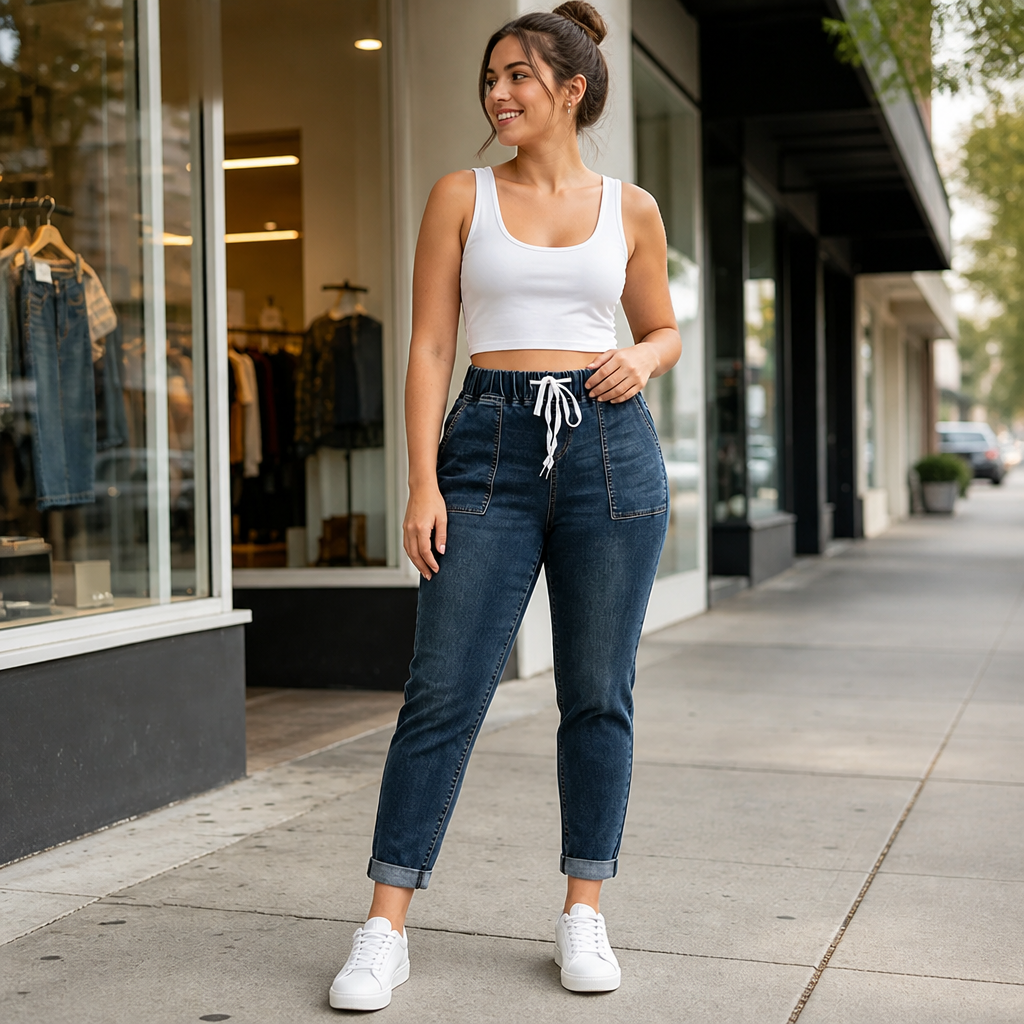 Wearbella – Drawstring Elastic-Waist Stretch Tapered Jeans