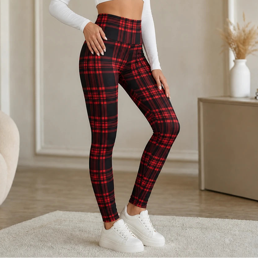 Warmelle – High Waisted Plaid Stretch Leggings
