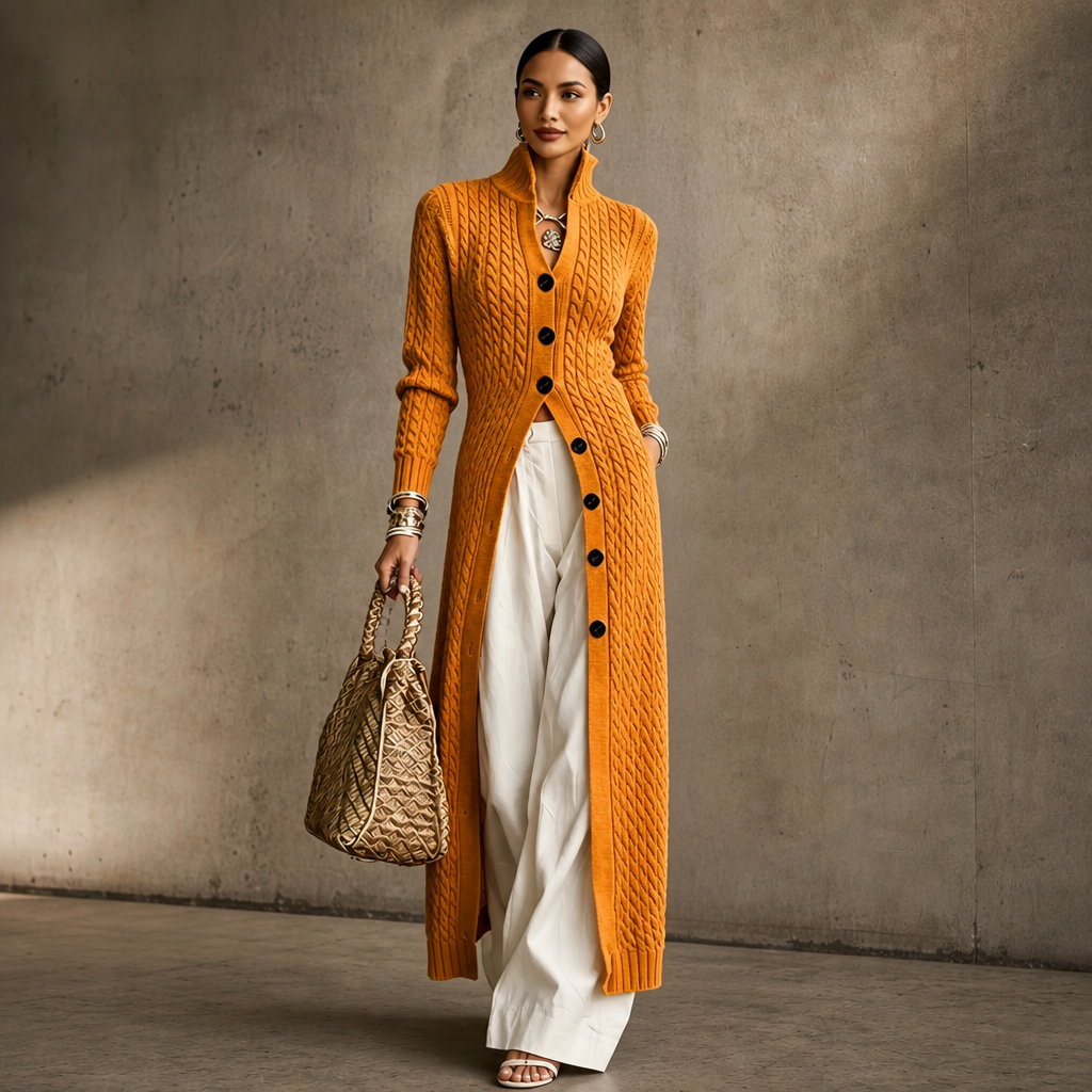 Cablemere – High Collar Cable-Knit Duster Cardigan