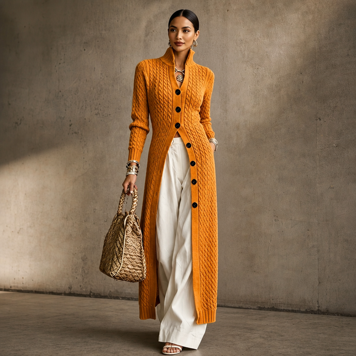 Cablemere – High Collar Cable-Knit Duster Cardigan