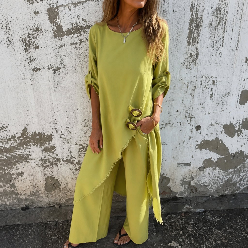 Effortlane – Asymmetric Hem Cotton-Linen Tunic Set