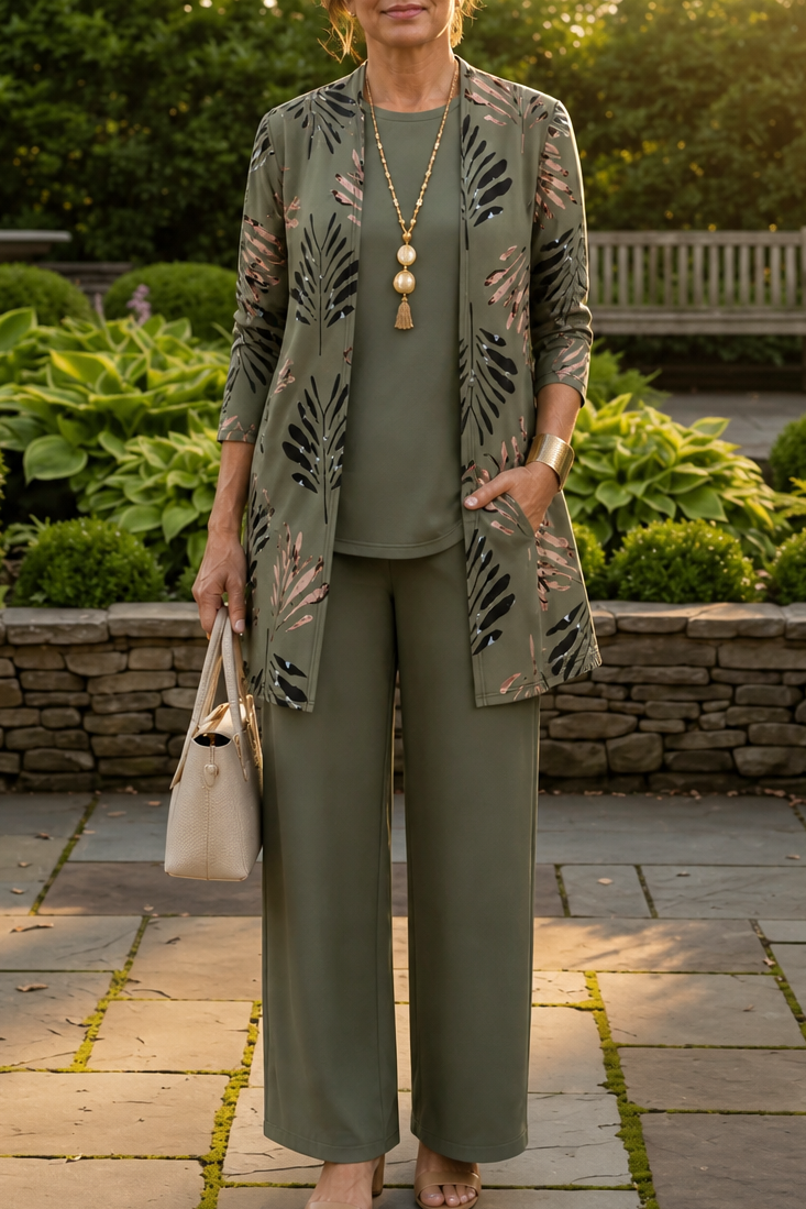 Wearbella – Botanical Print Cardigan, Top And Pants Set