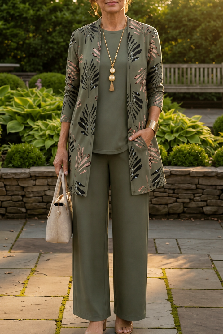 Wearbella – Botanical Print Cardigan, Top And Pants Set