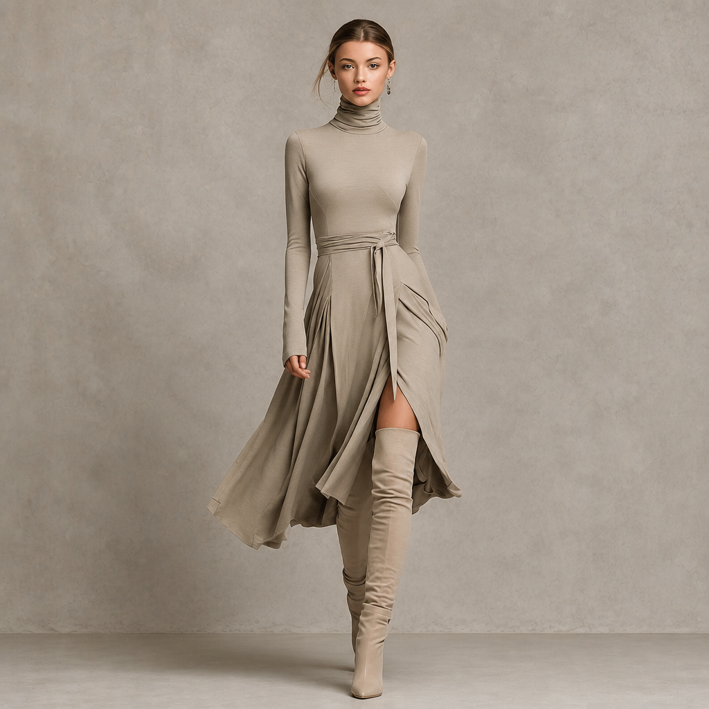 Vellara – Turtleneck Wrap Slit Knit Midi Dress