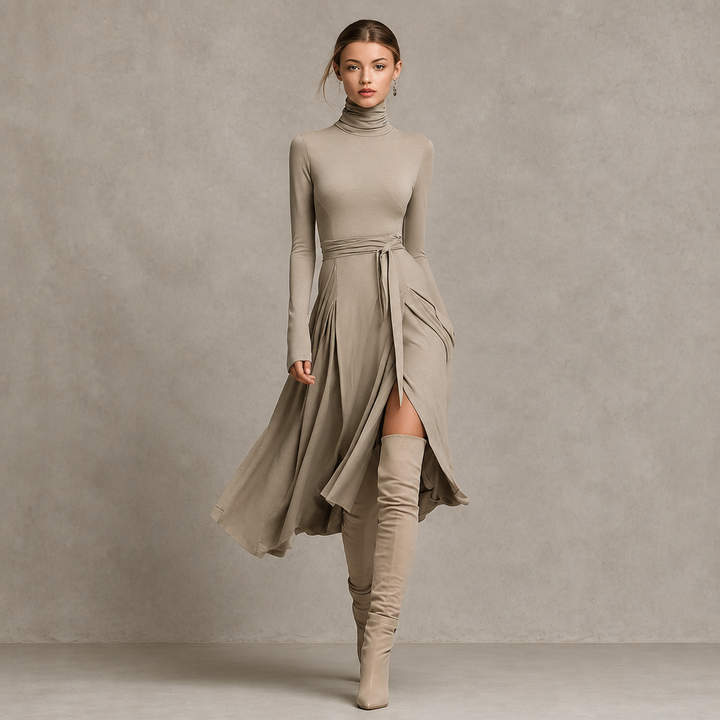 Vellara – Turtleneck Wrap Slit Knit Midi Dress