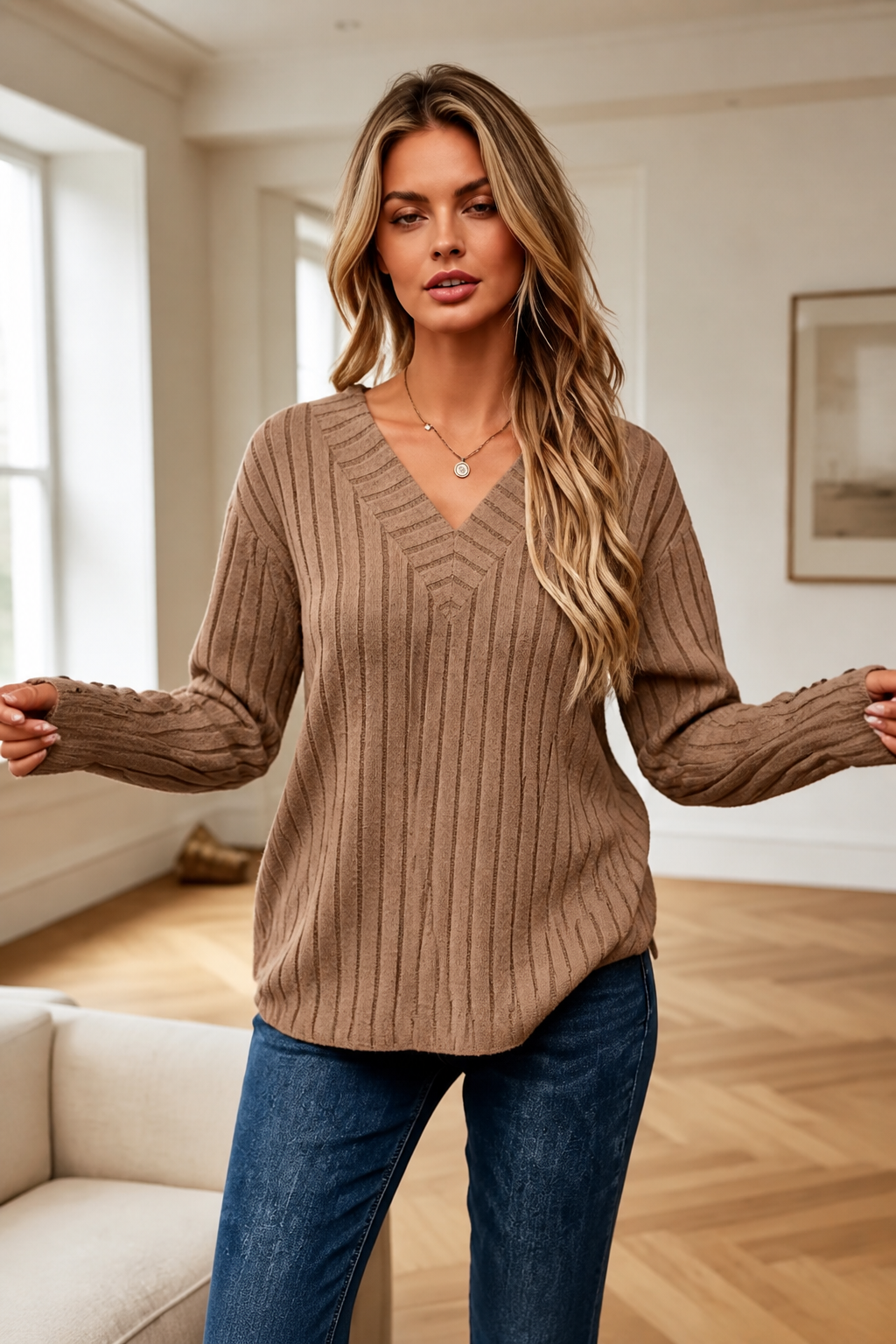 Mavenly – Ribbed V-Neck Button-Cuff Sweater