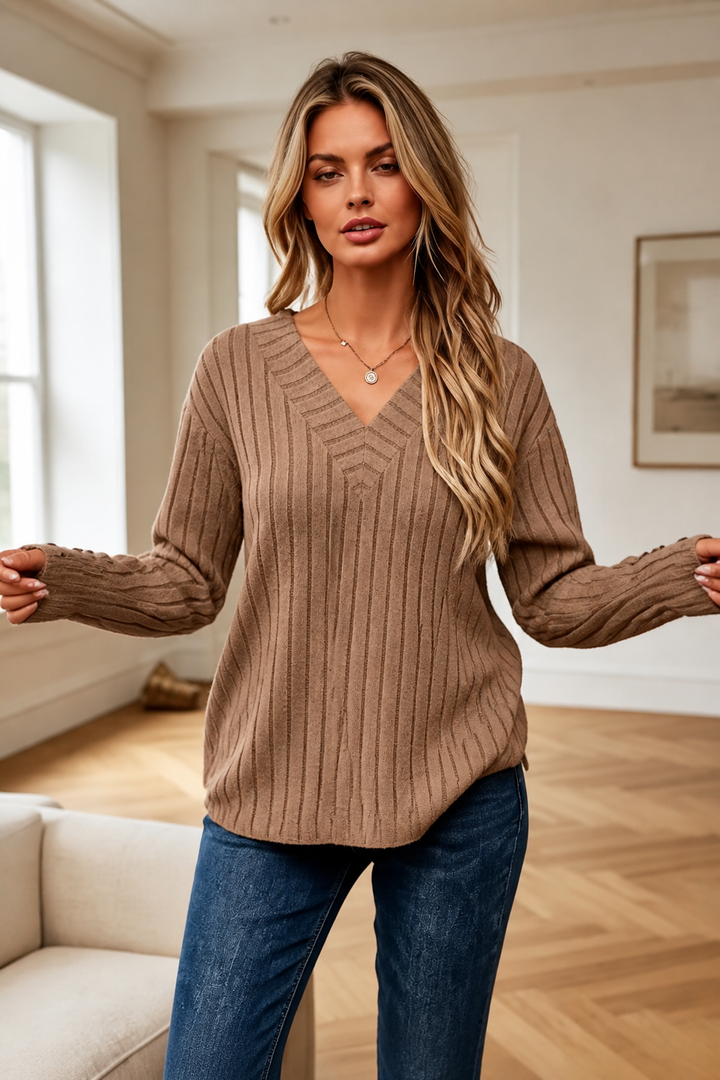 Mavenly – Ribbed V-Neck Button-Cuff Sweater