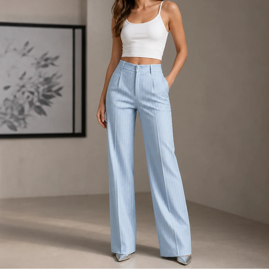 Wearbella – High-Waisted Pinstripe Wide-Leg Trousers