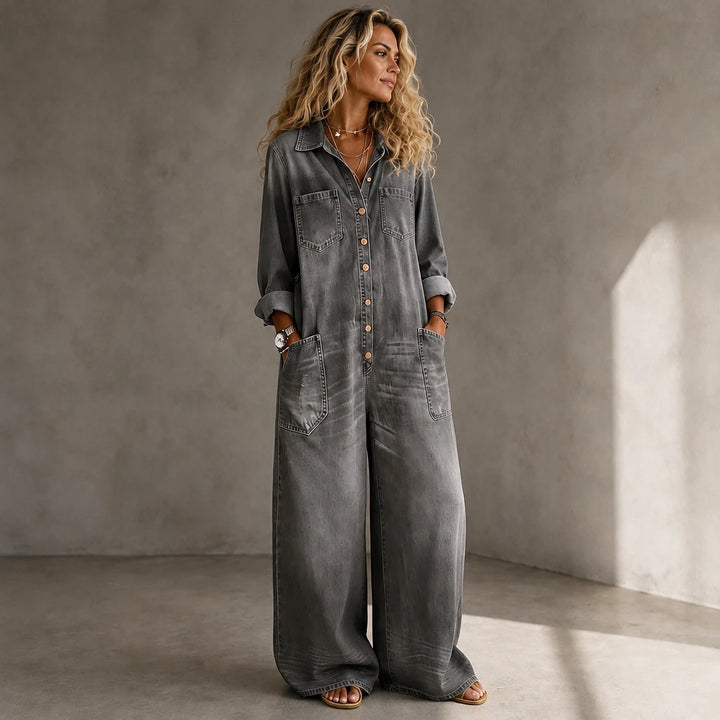 Denimbelle – Button-Front Wide-Leg Denim Jumpsuit