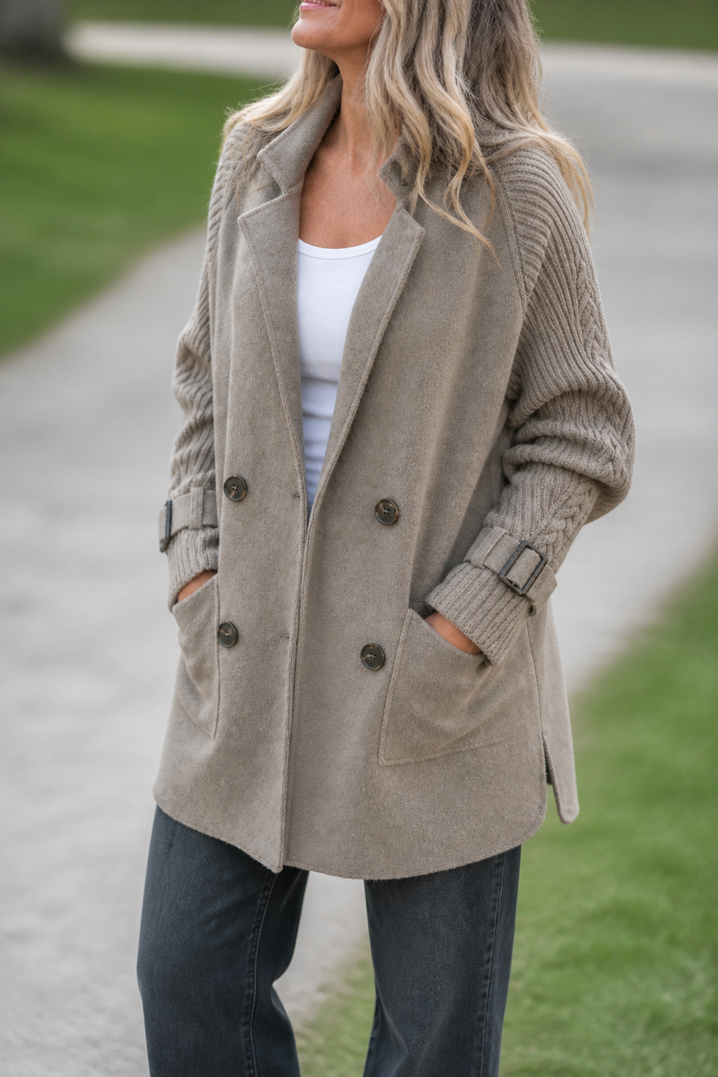 Isola – Cable-Knit Sleeve Double-Breasted Longline Coat