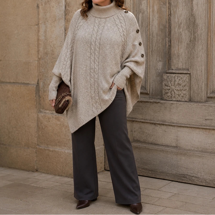Cabelune – High-Neck Cable-Knit Cape Poncho Sweater