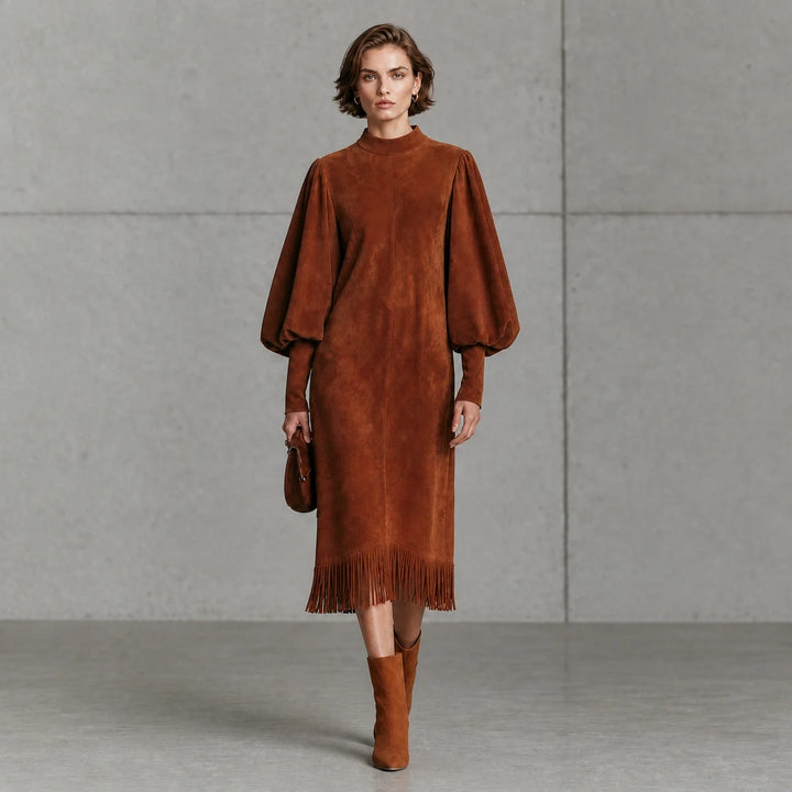 Suede Serenade – Faux Suede-Look Lantern Sleeve Fringe Midi Dress