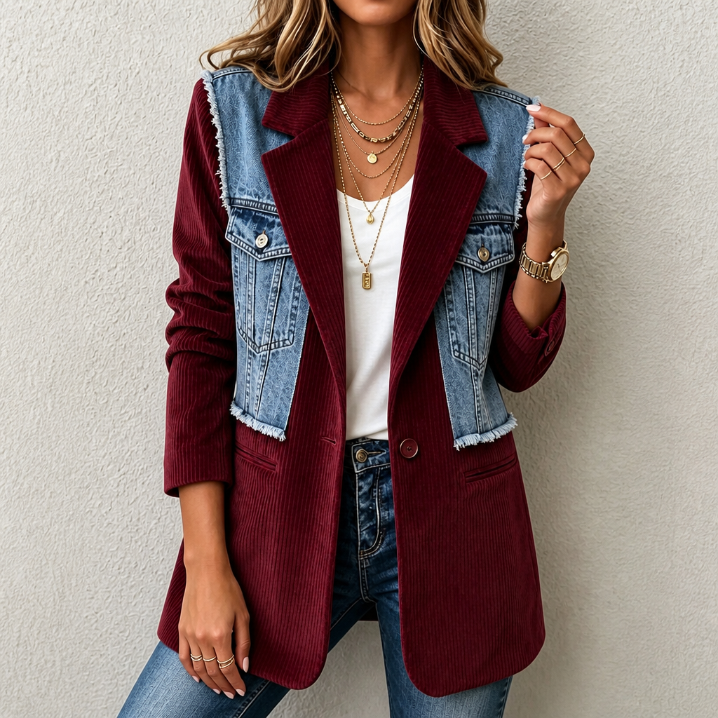 Corvella – Denim-Overlay Corduroy Raw-Hem Blazer