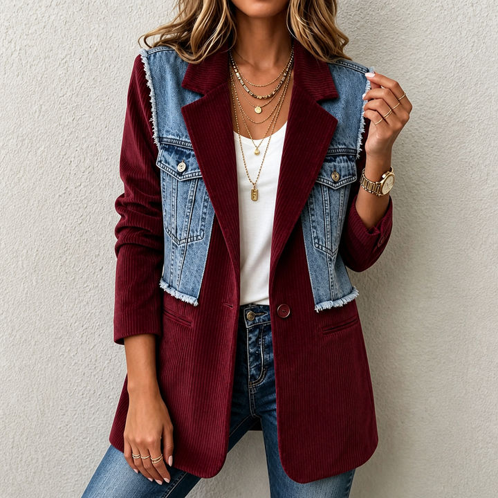 Corvella – Denim-Overlay Corduroy Raw-Hem Blazer