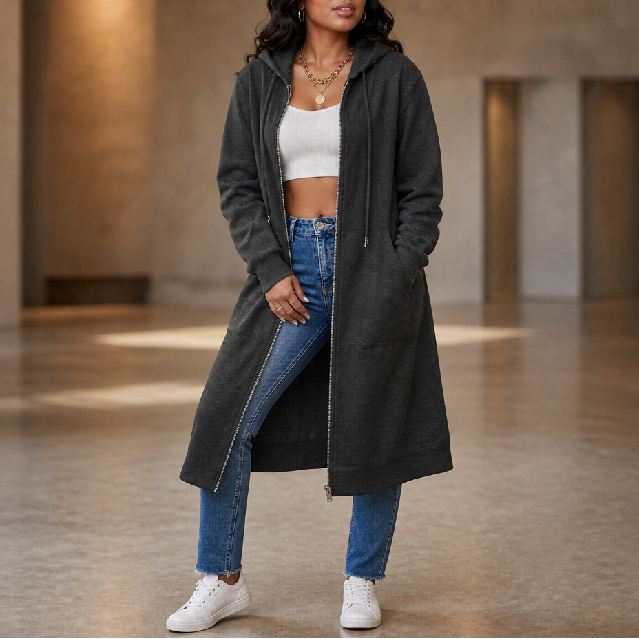 Cozyline – Fleece-Lined Tunic-Length Zip-Up Hoodie