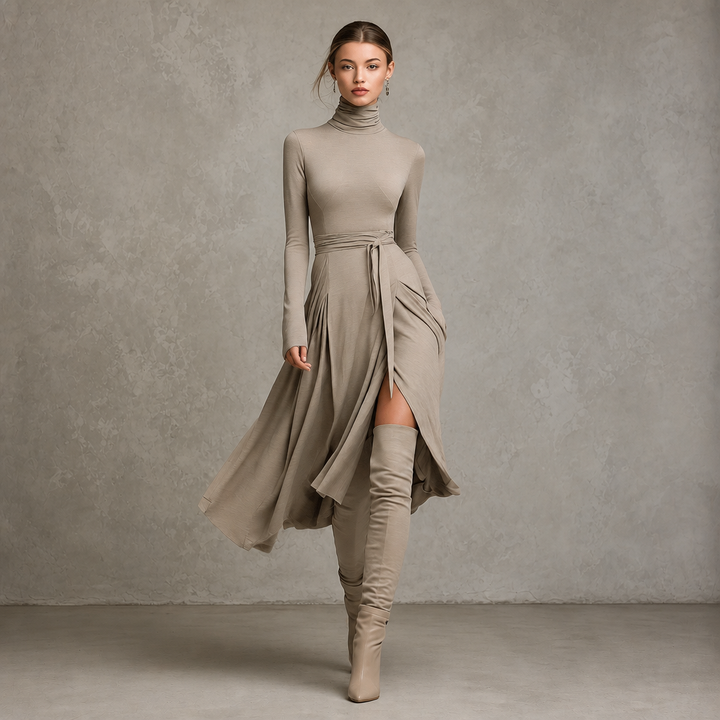 Wearbella – Turtleneck Ribbed Knit Slit Midi Dress