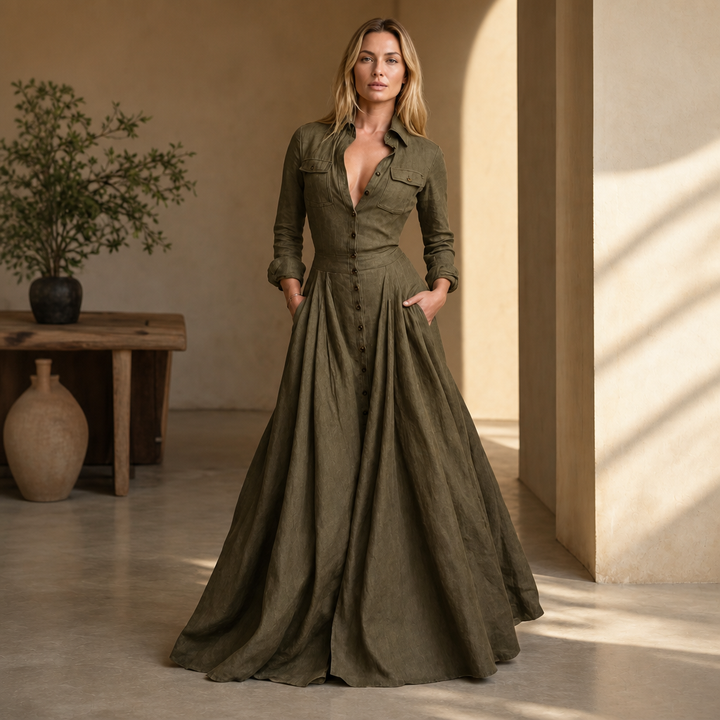 Verlana – Button-Front Lapel Collar Maxi Shirt Dress