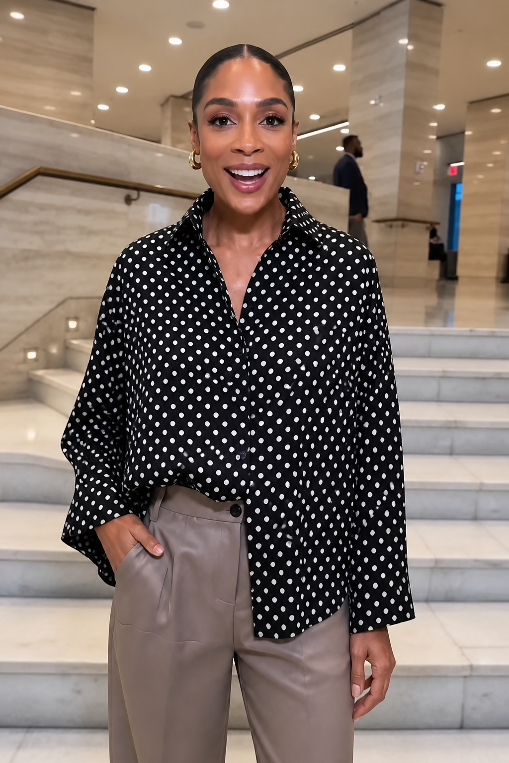Wearbella – Polka Dot Lapel Long Sleeve Blouse