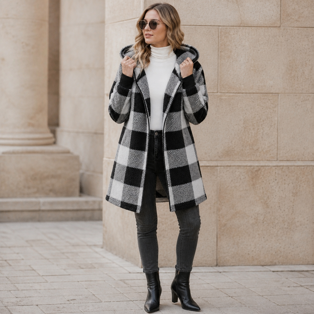 Plaidelle – Oversized Plaid Hooded Fleece Cardigan