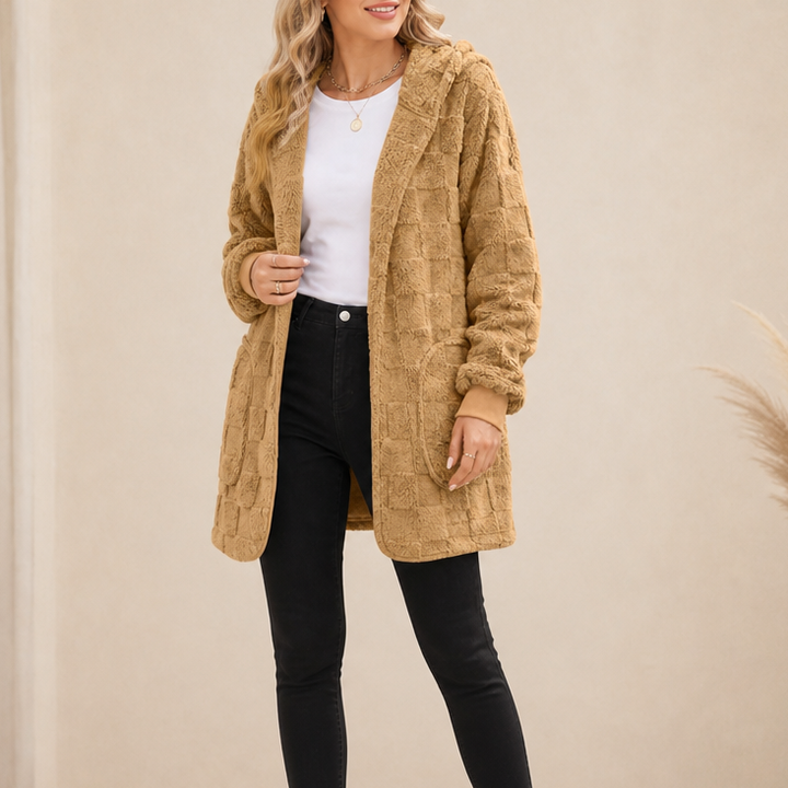 Checkora – Fluffy Checked Open-Front Cardigan