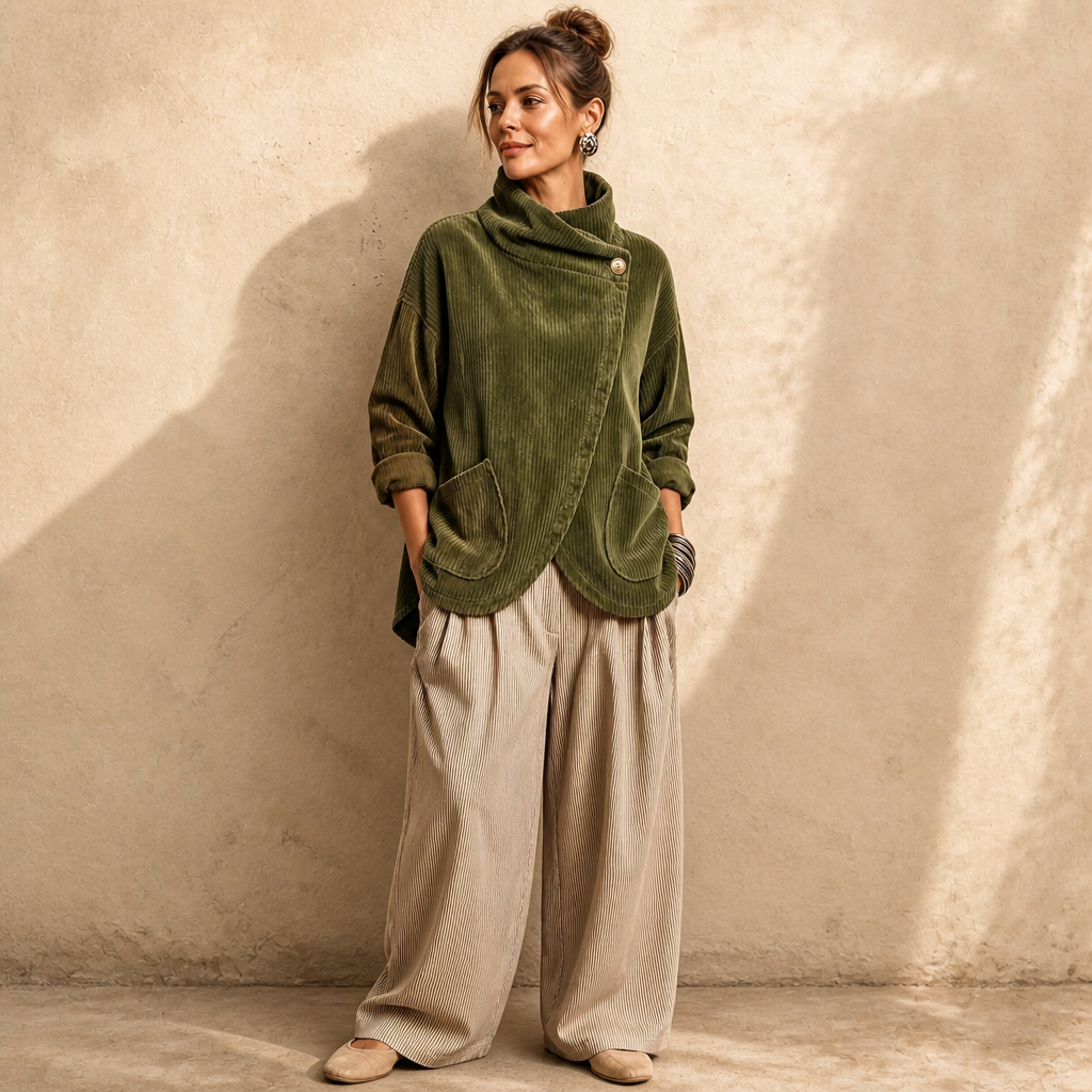 Draperly – Asymmetric Hem Hooded Corduroy Poncho