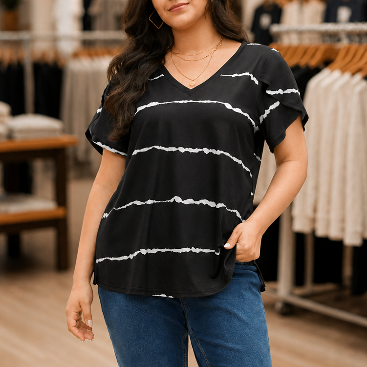 Curvella – Striped V-Neck Stretch Knit Tee