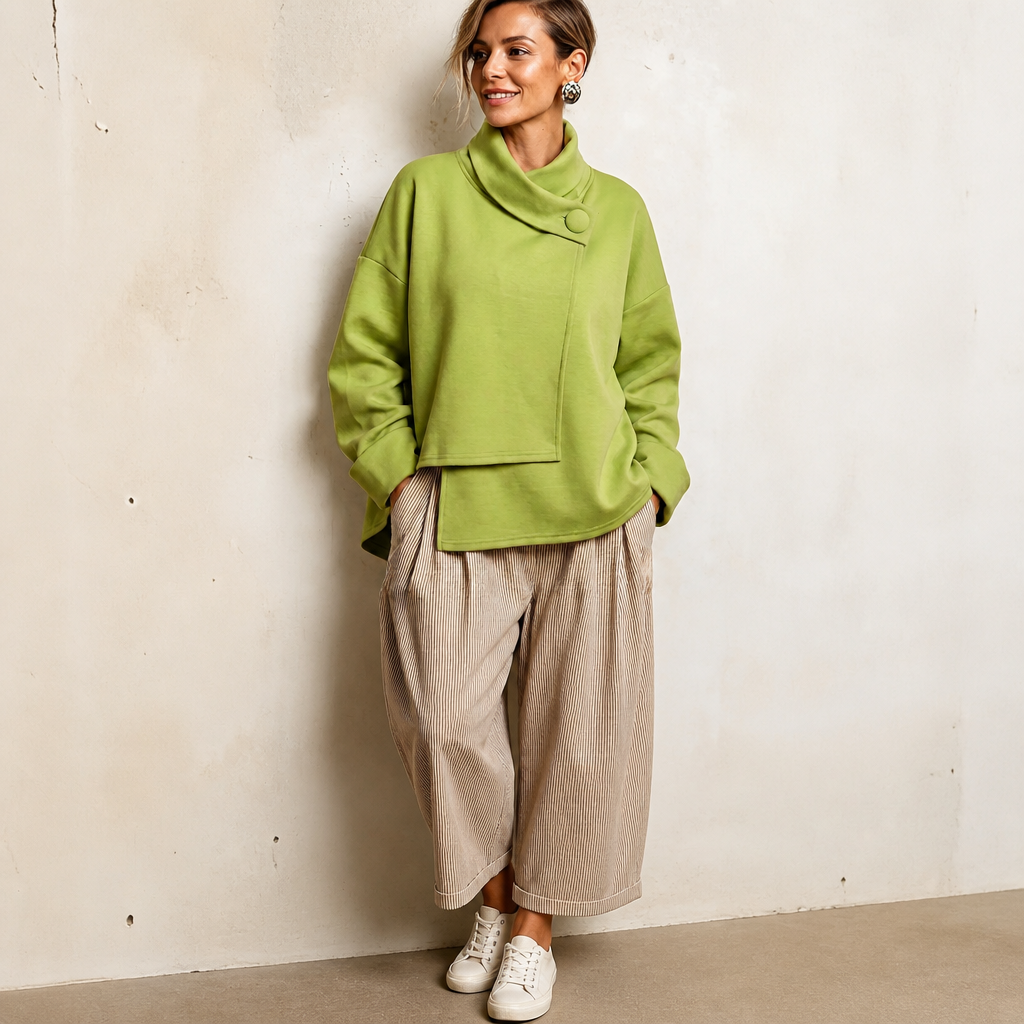 Draperly – Asymmetric Cowl Neck Button Sweatshirt