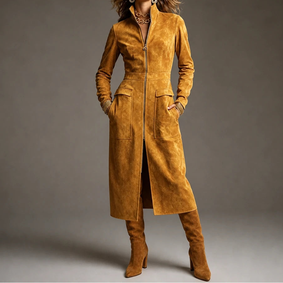 Velora – Fitted Stand-Collar Longline Coat