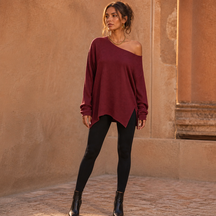Veluna – Side-Slit Off-Shoulder Tunic Blouse