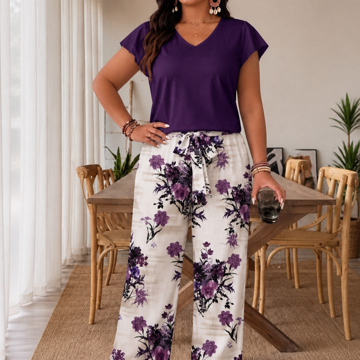 Twovelle – V-Neck Tie-Waist Wide-Leg Two-Piece Set