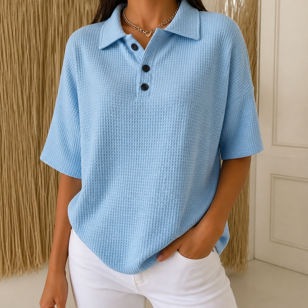 Waffield – Waffle-Knit Open-Collar Polo Blouse