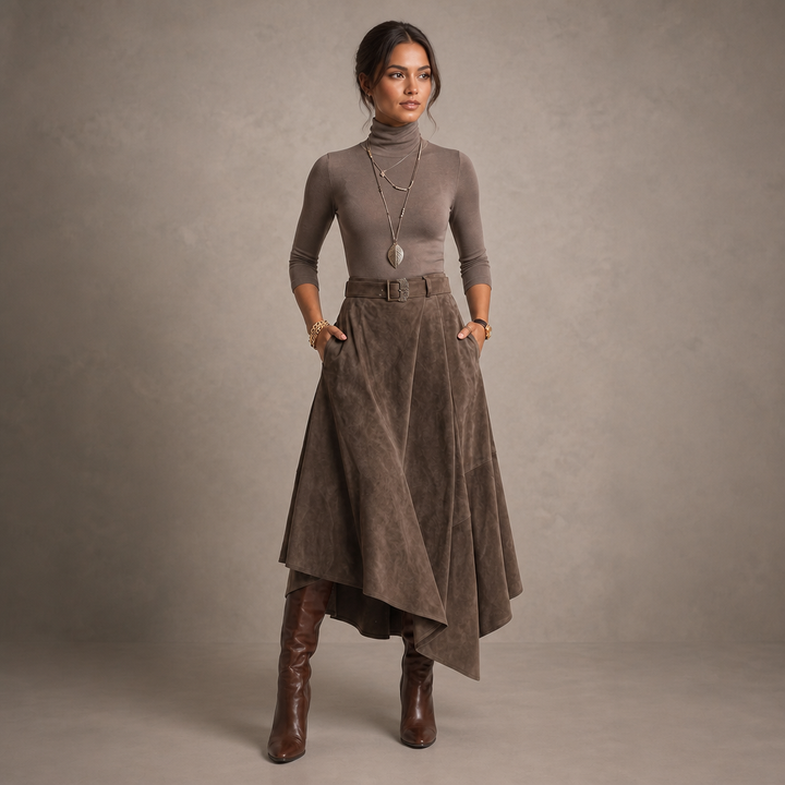 Sienna Fold – Asymmetrical Pleated Faux-Suede Skirt Set