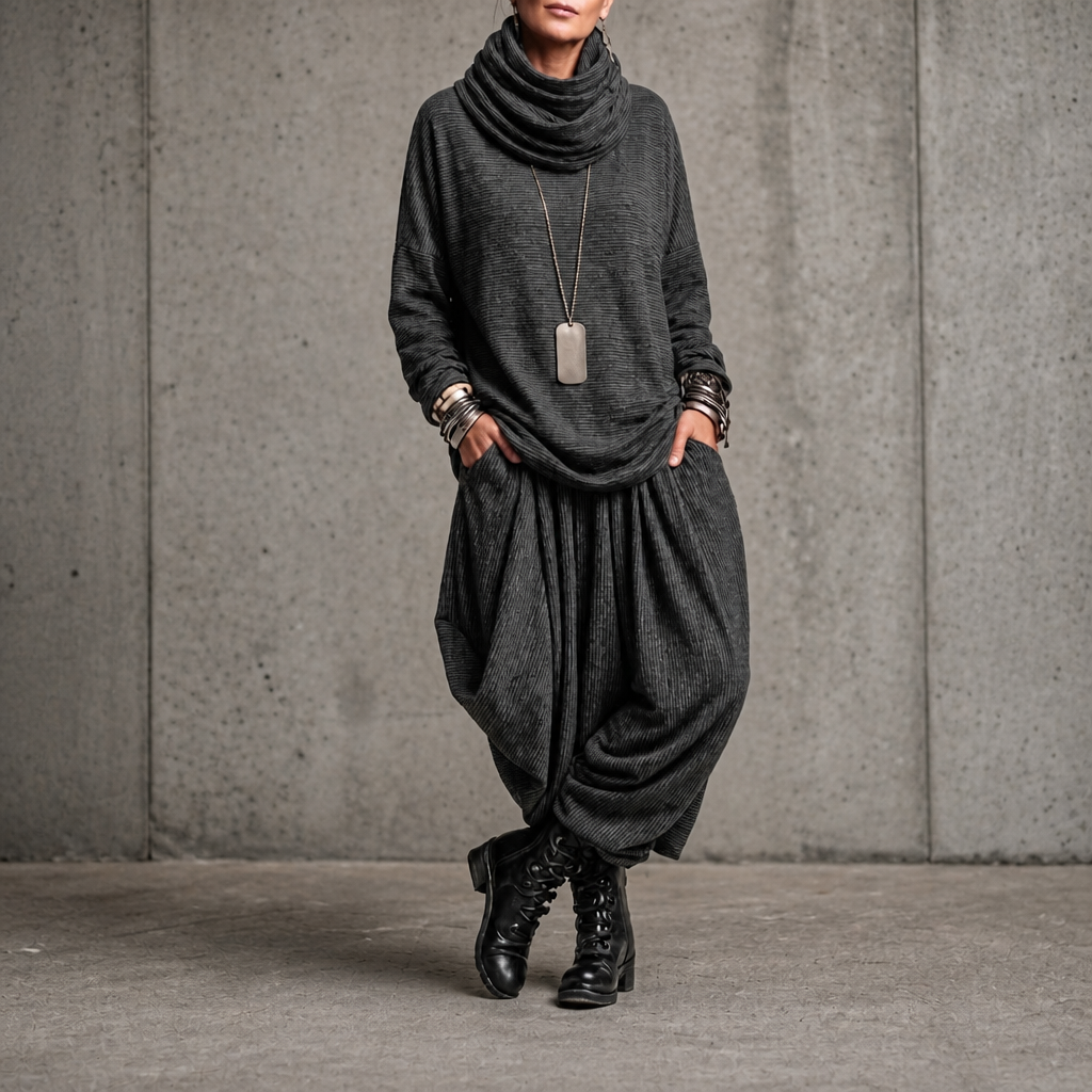 Pinstripe Poise – Draped High-Neck Top And Lantern Pants Set