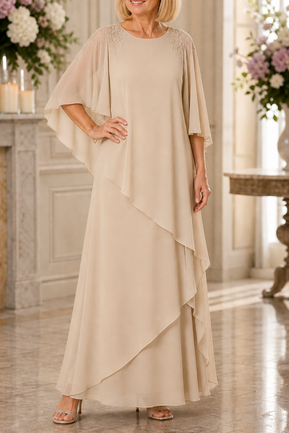 Vellamora – Cape Sleeve Layered Chiffon-Look Evening Gown