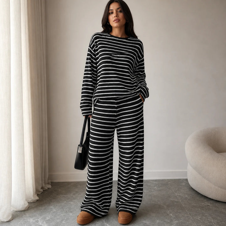 Stripe & Ease – Striped Long-Sleeve Top And Wide-Leg Pants Set