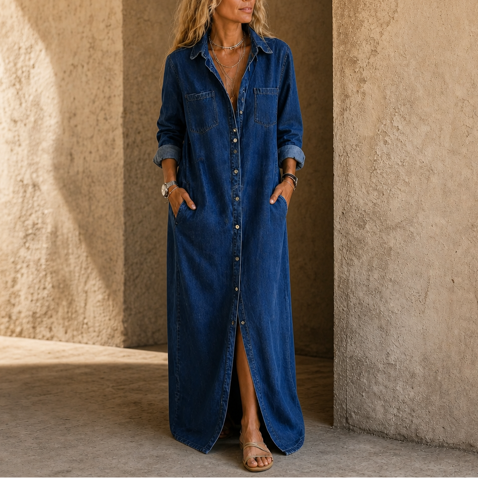 Mila – Denim Maxi Shirt Dress