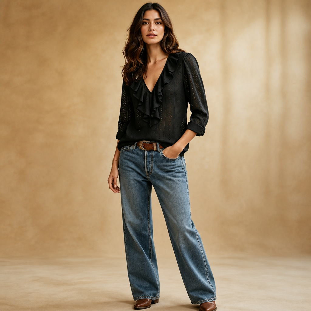 Wearbella – Ruffle V-Neck Long Sleeve Blouse