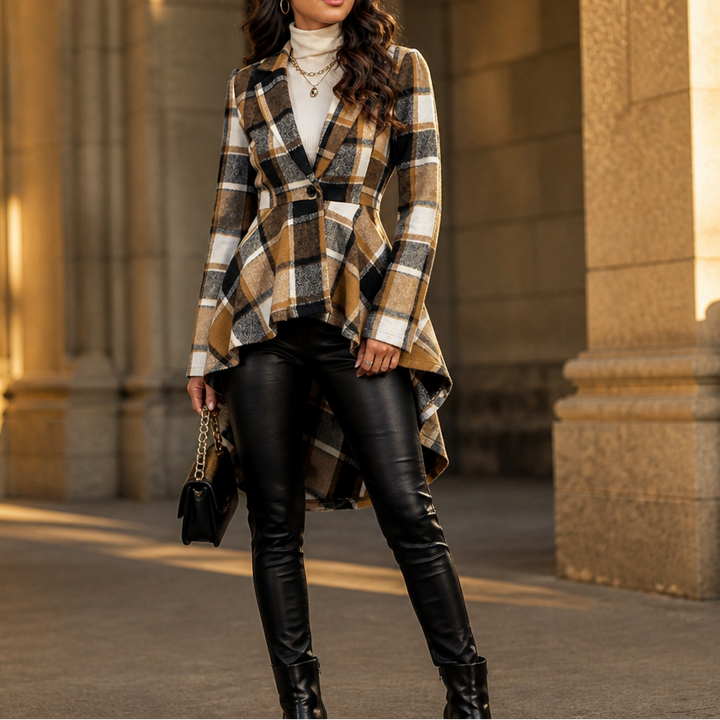 Wearbella – Cinched-Waist High-Low Plaid Peplum Coat