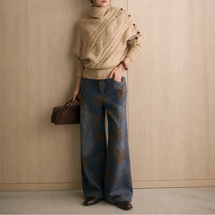 Cabledge – Diagonal Cable-Knit Button-Neck Sweater
